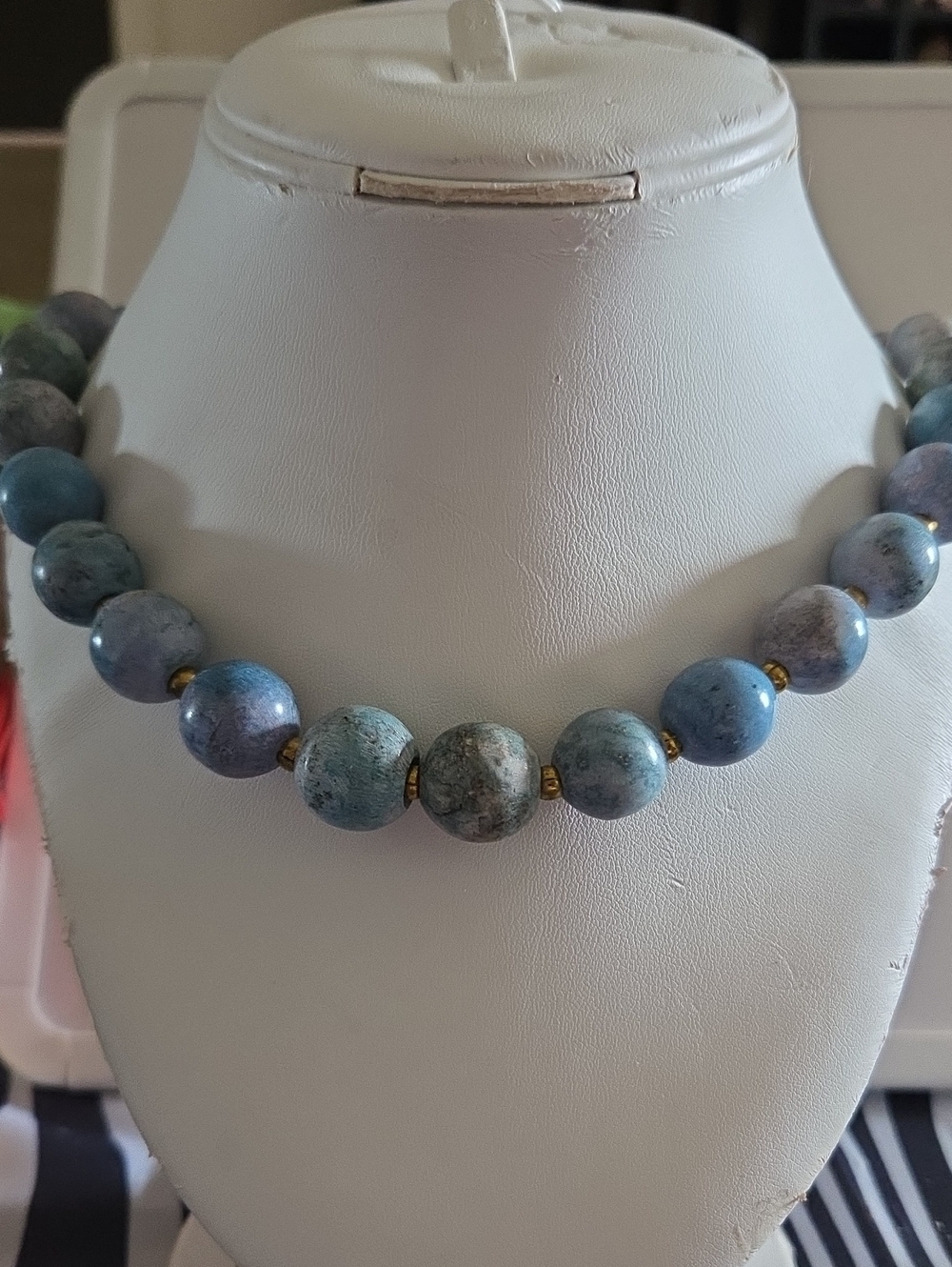 Blue  Beaded Artisan Necklace with Gold Accent